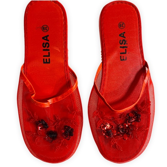 Vintage Sequin Mesh Slides Chinese Beaded Slippers with Floral Embellishments - Picture 4 of 7